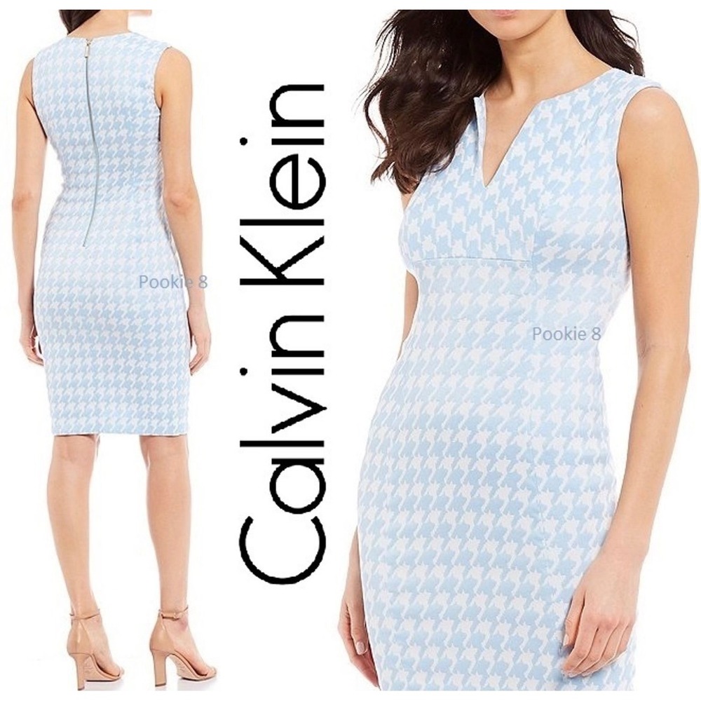 Calvin Klein Houndstooth Sheath Dress Knee Length Light Blue Feminine Luxury